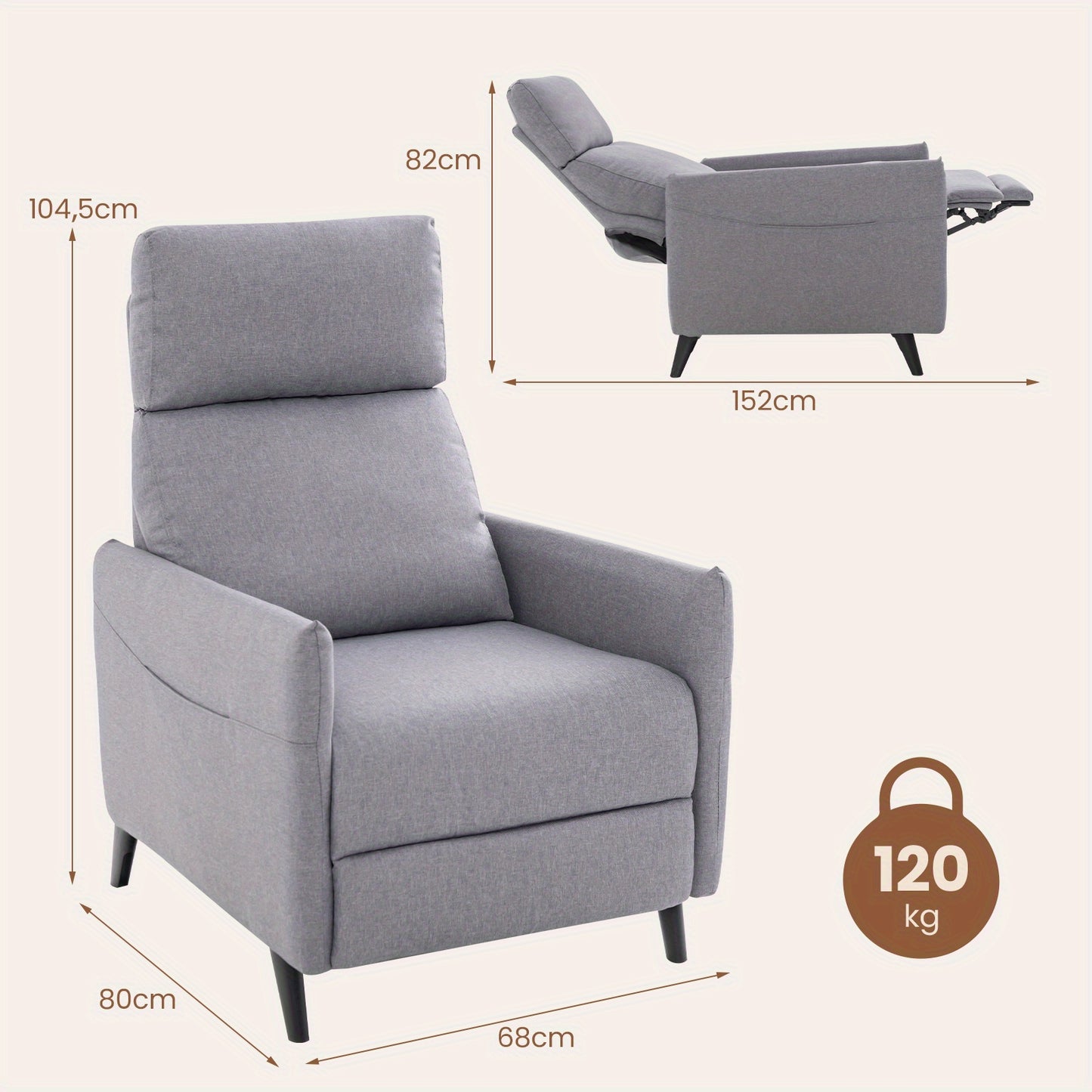 Fauteuil – Relaxstoel – Loungechair – Leunstoel – Armstoel – Verstelbare Rugleuning – Voetsteun – Linnen Stof – Zacht Gewatteerd – Zijvakken – Lichtgrijs
