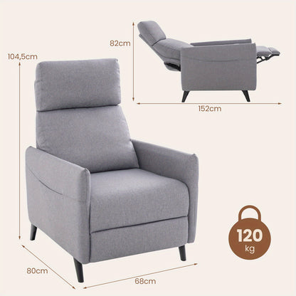 Fauteuil – Relaxstoel – Loungechair – Leunstoel – Armstoel – Verstelbare Rugleuning – Voetsteun – Linnen Stof – Zacht Gewatteerd – Zijvakken – Lichtgrijs