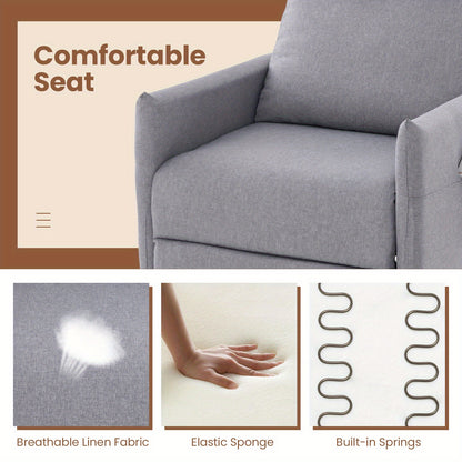 Fauteuil – Relaxstoel – Loungechair – Leunstoel – Armstoel – Verstelbare Rugleuning – Voetsteun – Linnen Stof – Zacht Gewatteerd – Zijvakken – Lichtgrijs