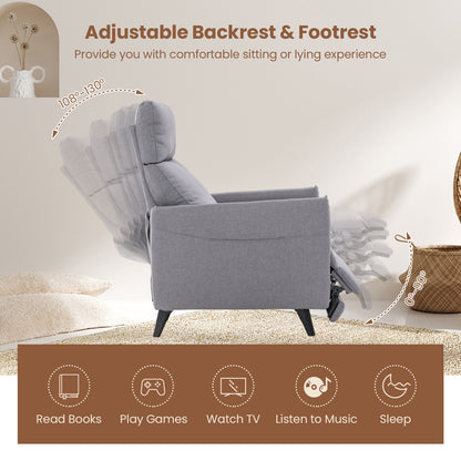 Fauteuil – Relaxstoel – Loungechair – Leunstoel – Armstoel – Verstelbare Rugleuning – Voetsteun – Linnen Stof – Zacht Gewatteerd – Zijvakken – Lichtgrijs