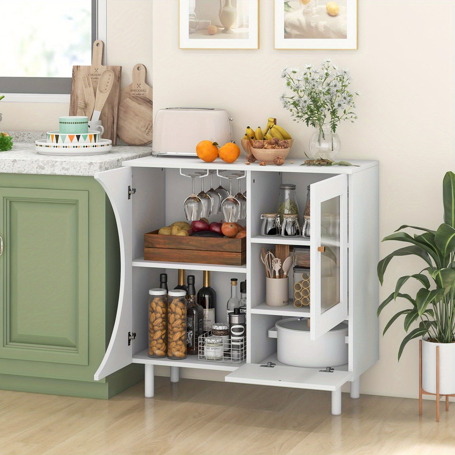 Buffetkast – Keukenkast – Dressoir – Opbergkast – Sideboard – MDF Wit – Getemperde Glazen Deuren