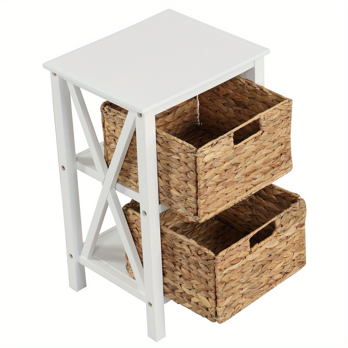 4 Tier Nightstand with 3 Seagrass Baskets, Slim X-Design Side Table, Bedside Table with Acacia Wood Legs, Mid-Century Accent Storage Cabinet for Living Room Bedroom