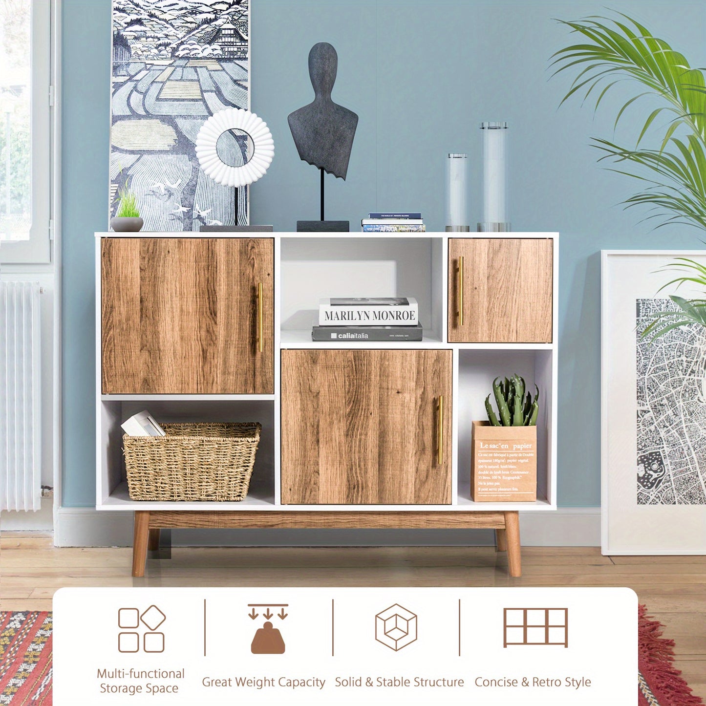 Opbergkast – Buffetkast – Dressoir – Tv-Meubel – Opbergmeubel – Wit Met Bruine Accenten – Duurzaam Mdf & Compact Formaat ”