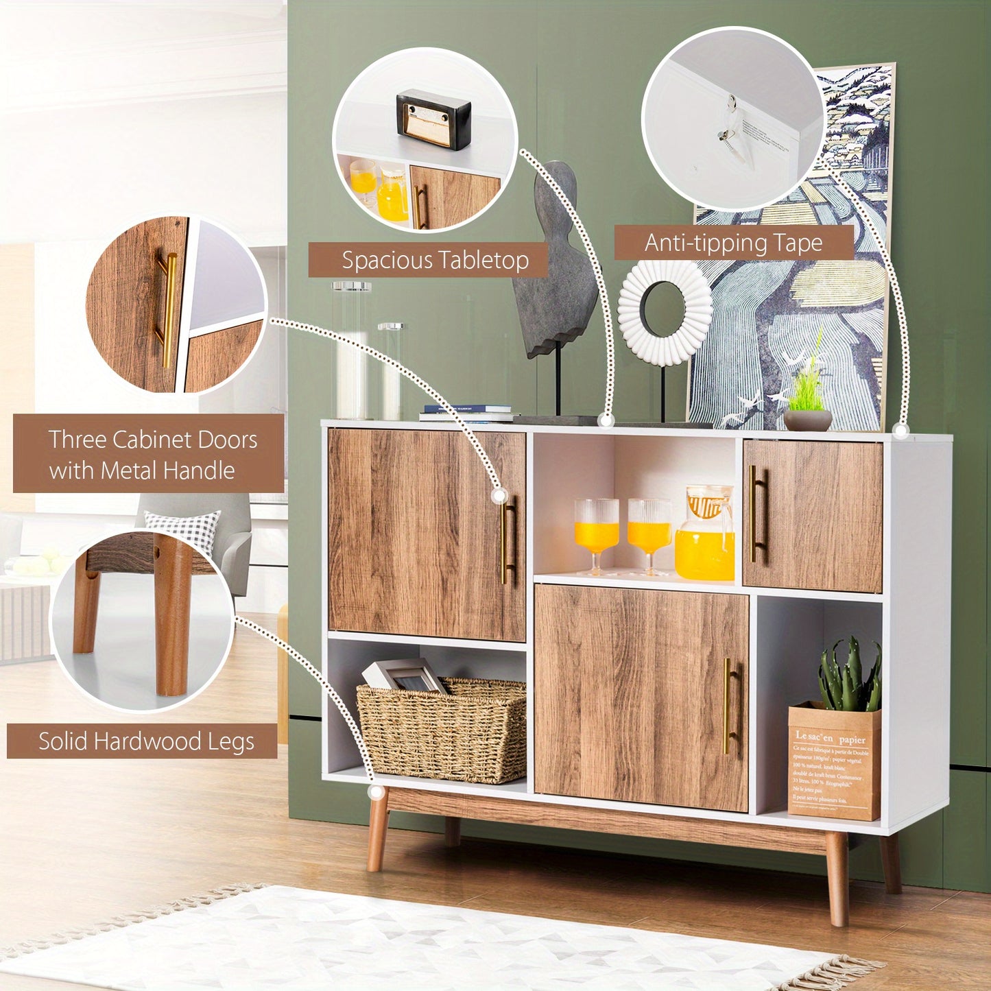 Opbergkast – Buffetkast – Dressoir – Tv-Meubel – Opbergmeubel – Wit Met Bruine Accenten – Duurzaam Mdf & Compact Formaat ”
