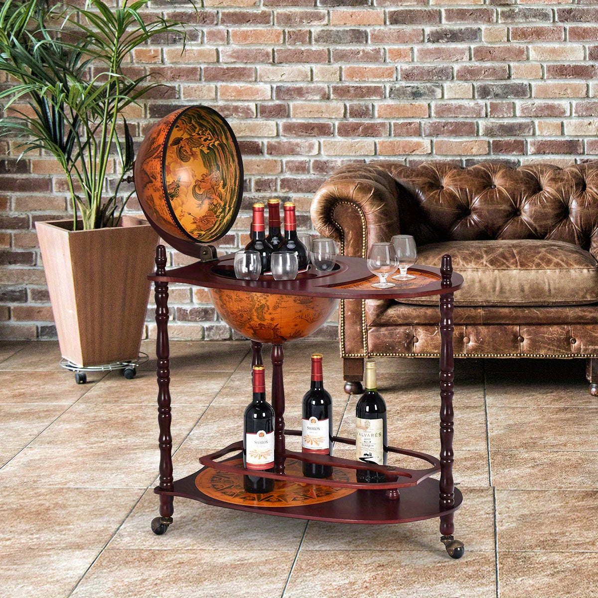 Minibar – Wijnrek – Cocktailbar – Tafelbar – Wijnkast – Houten Minibar Op Wieltjes – Compact En Mobiel – Massief Hardhout