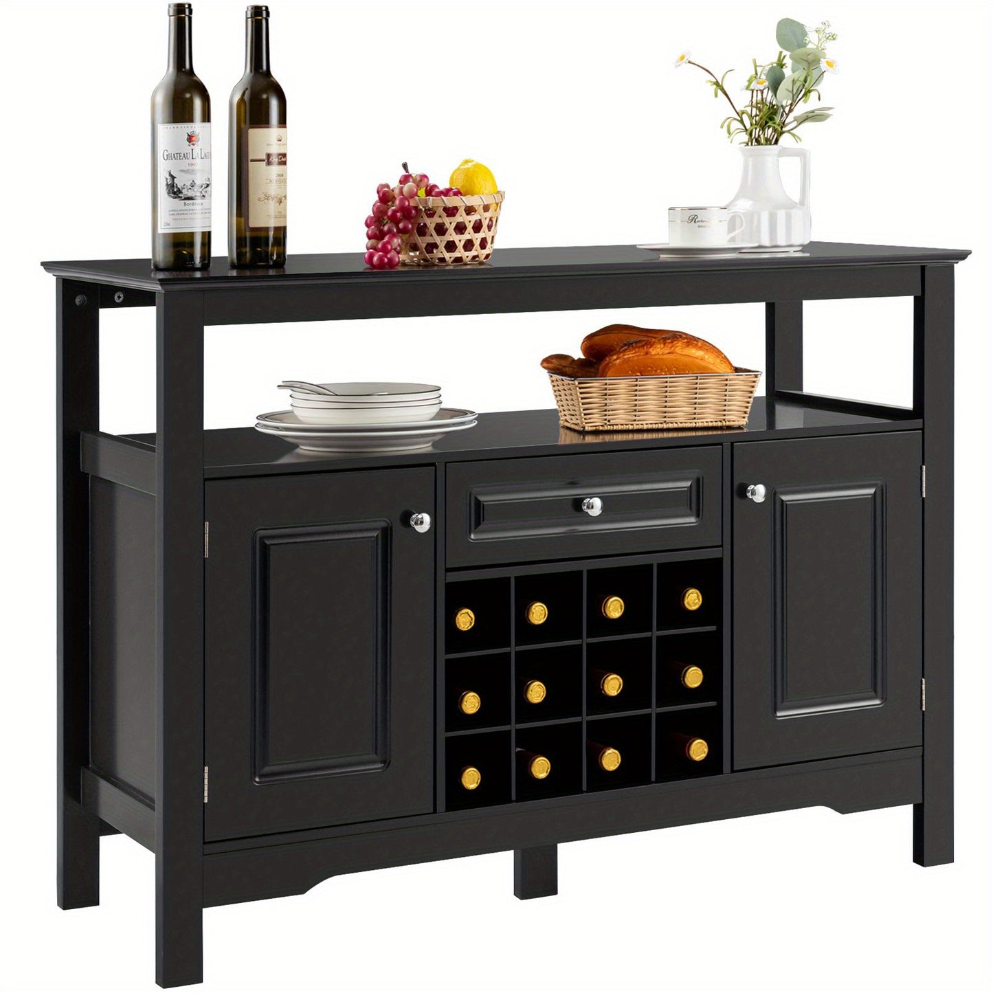 Sideboard keukenkast – keukenkast met deuren – dressoir – buffetkast – wijnkast – zwart MDF – 116 x 40 x 82 cm – met lades en opbergruimte