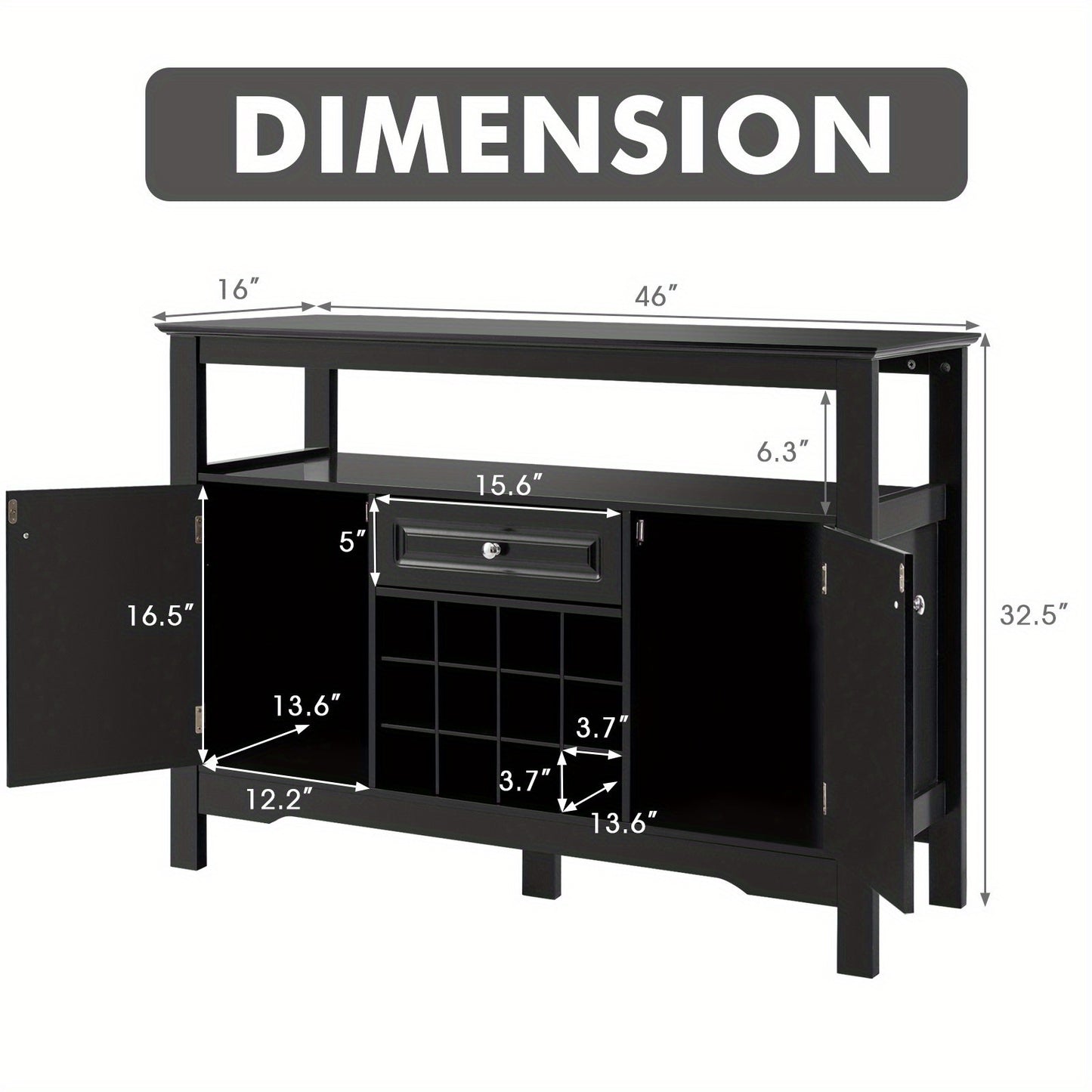 Sideboard keukenkast – keukenkast met deuren – dressoir – buffetkast – wijnkast – zwart MDF – 116 x 40 x 82 cm – met lades en opbergruimte