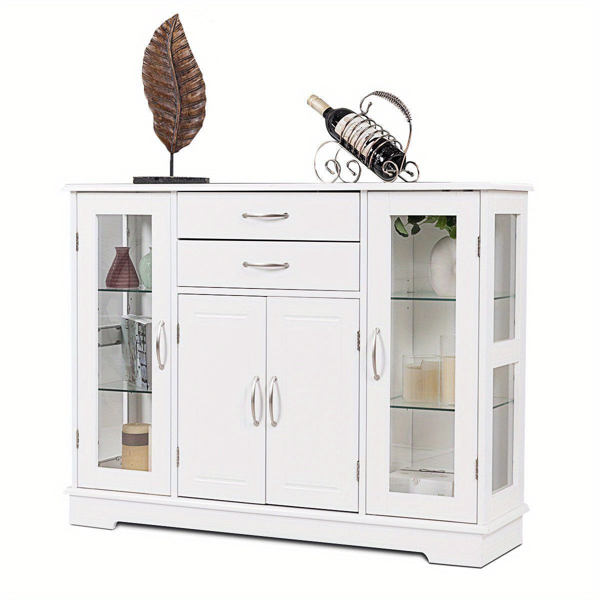 Buffetkast – Opbergkast – Dressoir – Keukenkast – Vitrinekast – Wit MDF Met Gehard Glas – Verstelbare Plank En 2 Lades – Compact 106x31x80 cm