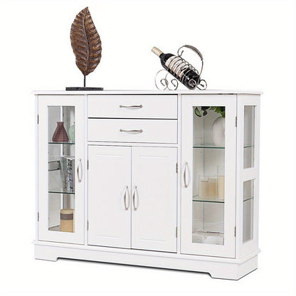 Buffetkast – Opbergkast – Dressoir – Keukenkast – Vitrinekast – Wit MDF Met Gehard Glas – Verstelbare Plank En 2 Lades – Compact 106x31x80 cm