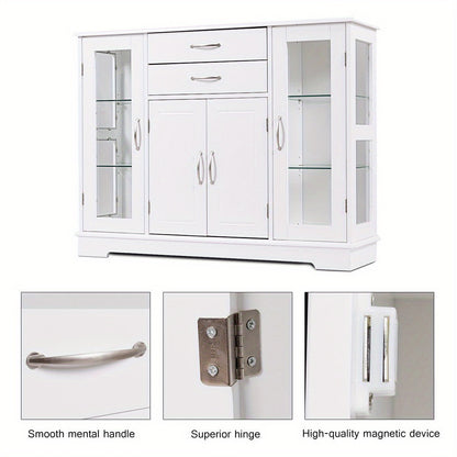 Buffetkast – Opbergkast – Dressoir – Keukenkast – Vitrinekast – Wit MDF Met Gehard Glas – Verstelbare Plank En 2 Lades – Compact 106x31x80 cm