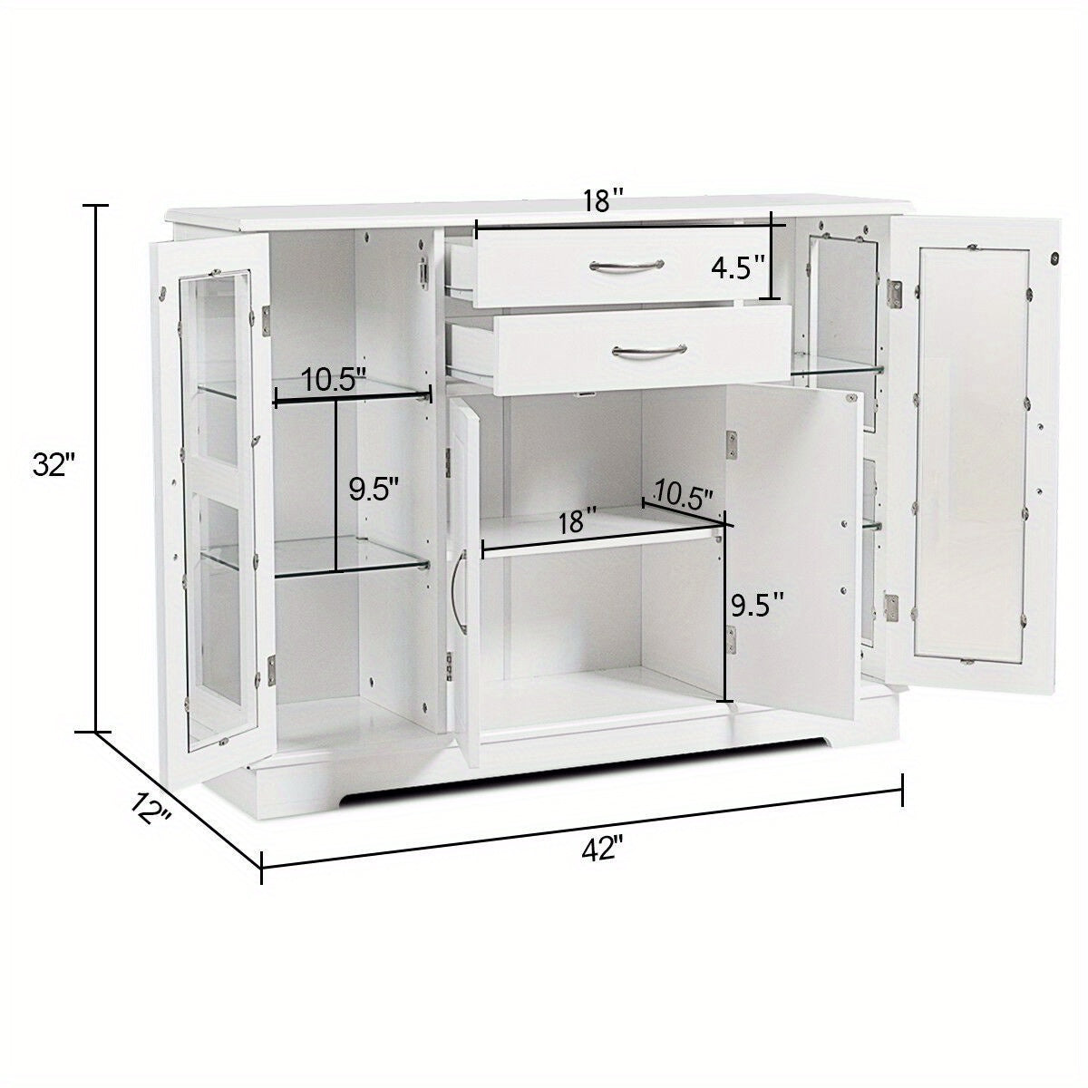 Buffetkast – Opbergkast – Dressoir – Keukenkast – Vitrinekast – Wit MDF Met Gehard Glas – Verstelbare Plank En 2 Lades – Compact 106x31x80 cm