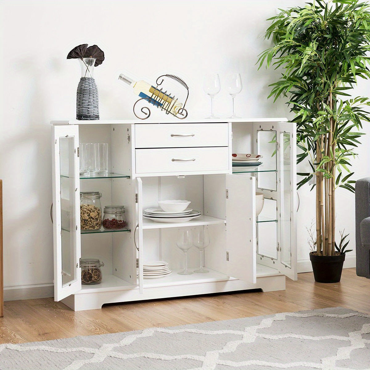 Buffetkast – Opbergkast – Dressoir – Keukenkast – Vitrinekast – Wit MDF Met Gehard Glas – Verstelbare Plank En 2 Lades – Compact 106x31x80 cm