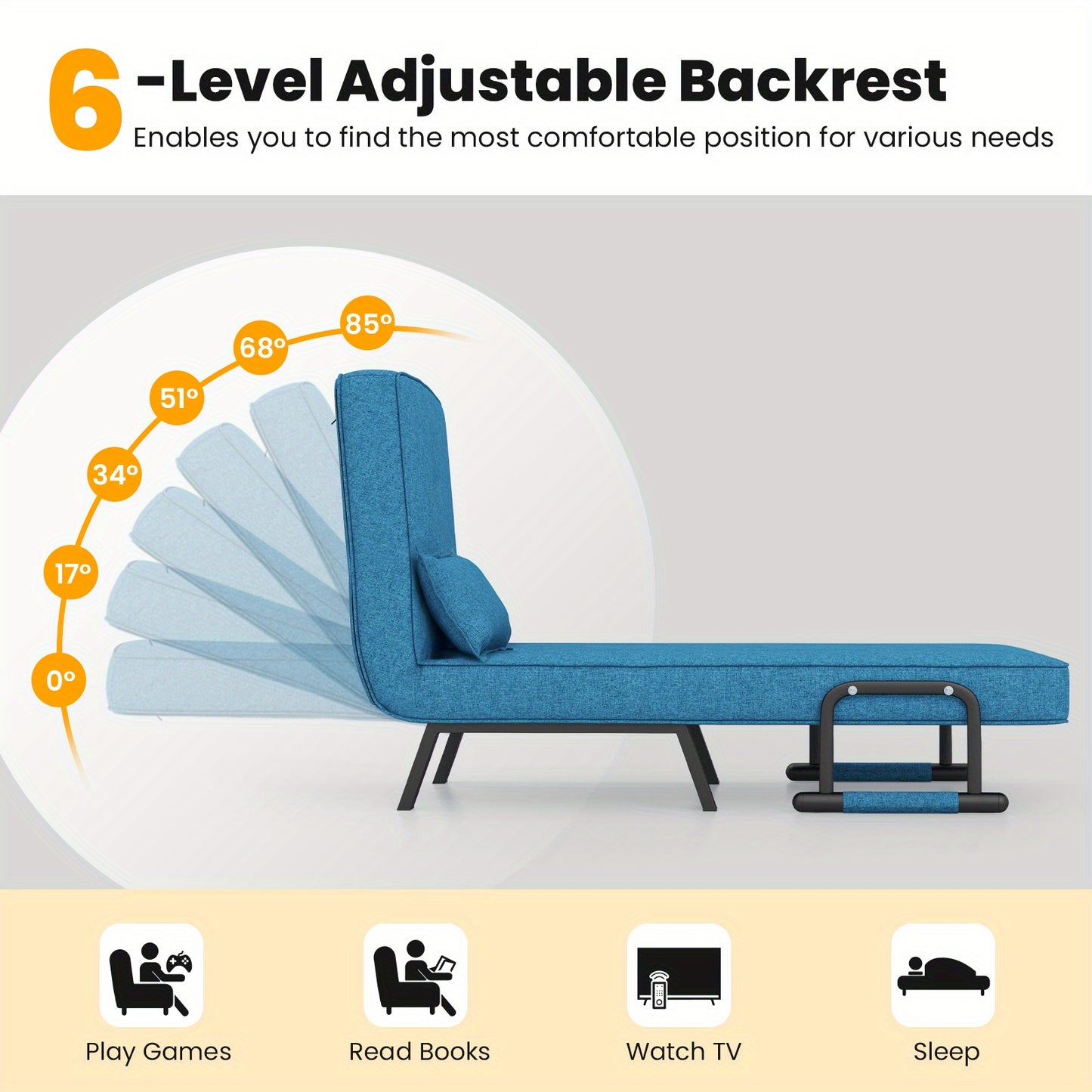 Relaxstoel – Fauteuil – Ligstoel – Slaapstoel – Loungestoel – Verstelbaar in 6 standen – Wasbaar kussen – Blauwe linnen bekleding