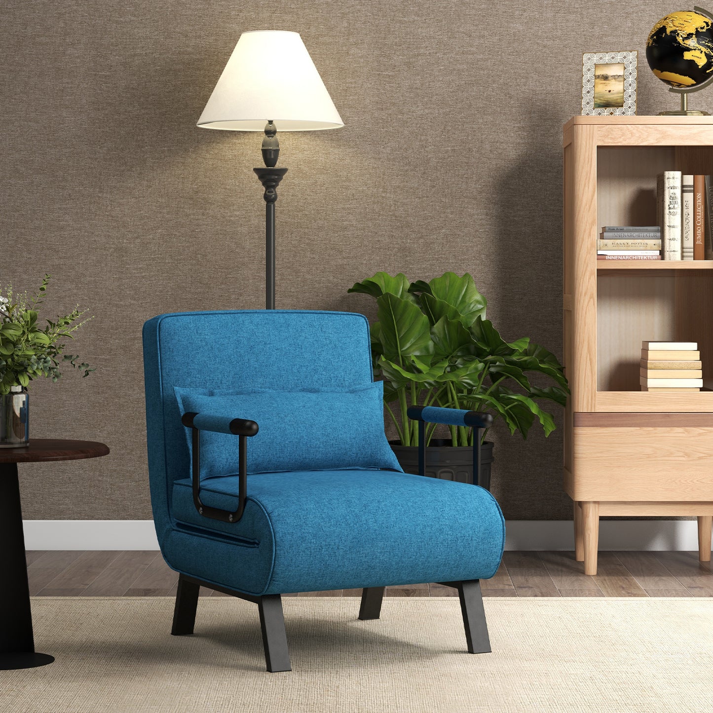 Relaxstoel – Fauteuil – Ligstoel – Slaapstoel – Loungestoel – Verstelbaar in 6 standen – Wasbaar kussen – Blauwe linnen bekleding