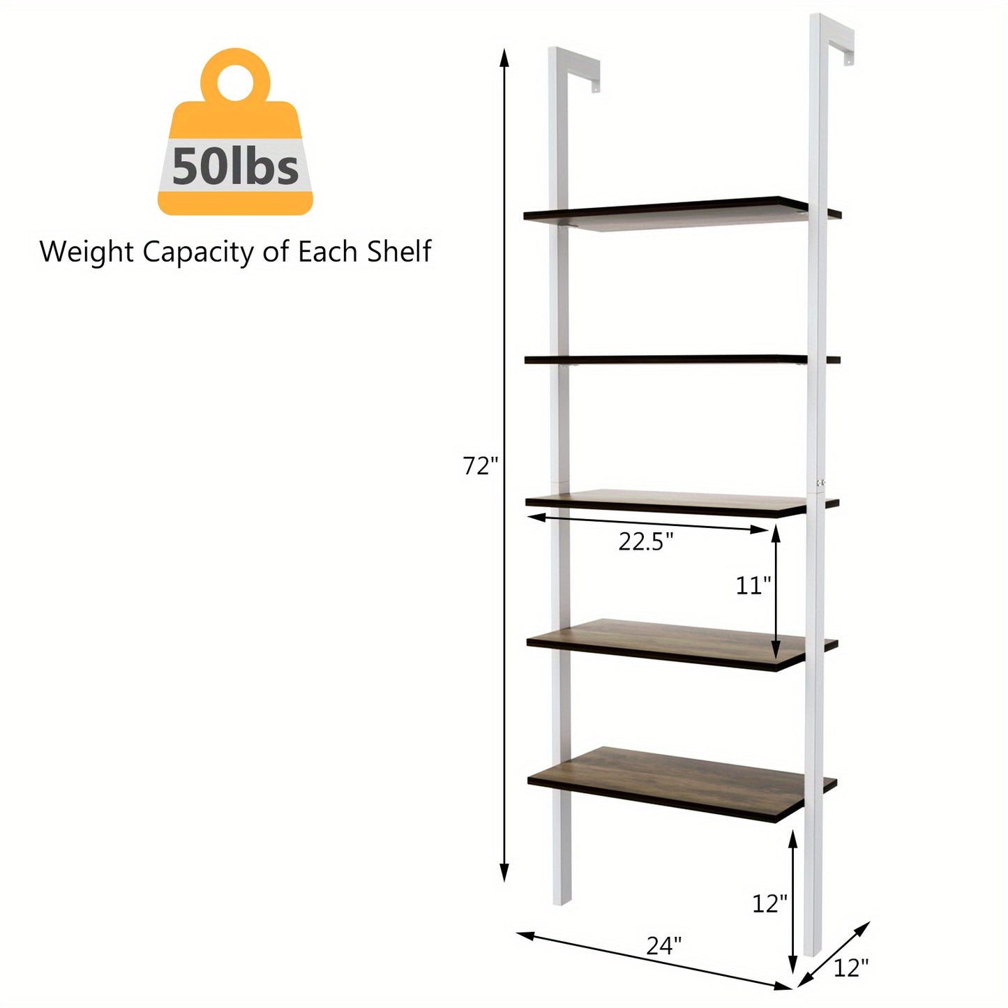 Boekenkast – Ladderkast – Boekenrek – Opbergkast – Wandrek – 5 Planken – Metalen Frame – Wit – 61x30x183 cm – Wandmontage