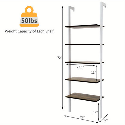 Boekenkast – Ladderkast – Boekenrek – Opbergkast – Wandrek – 5 Planken – Metalen Frame – Wit – 61x30x183 cm – Wandmontage