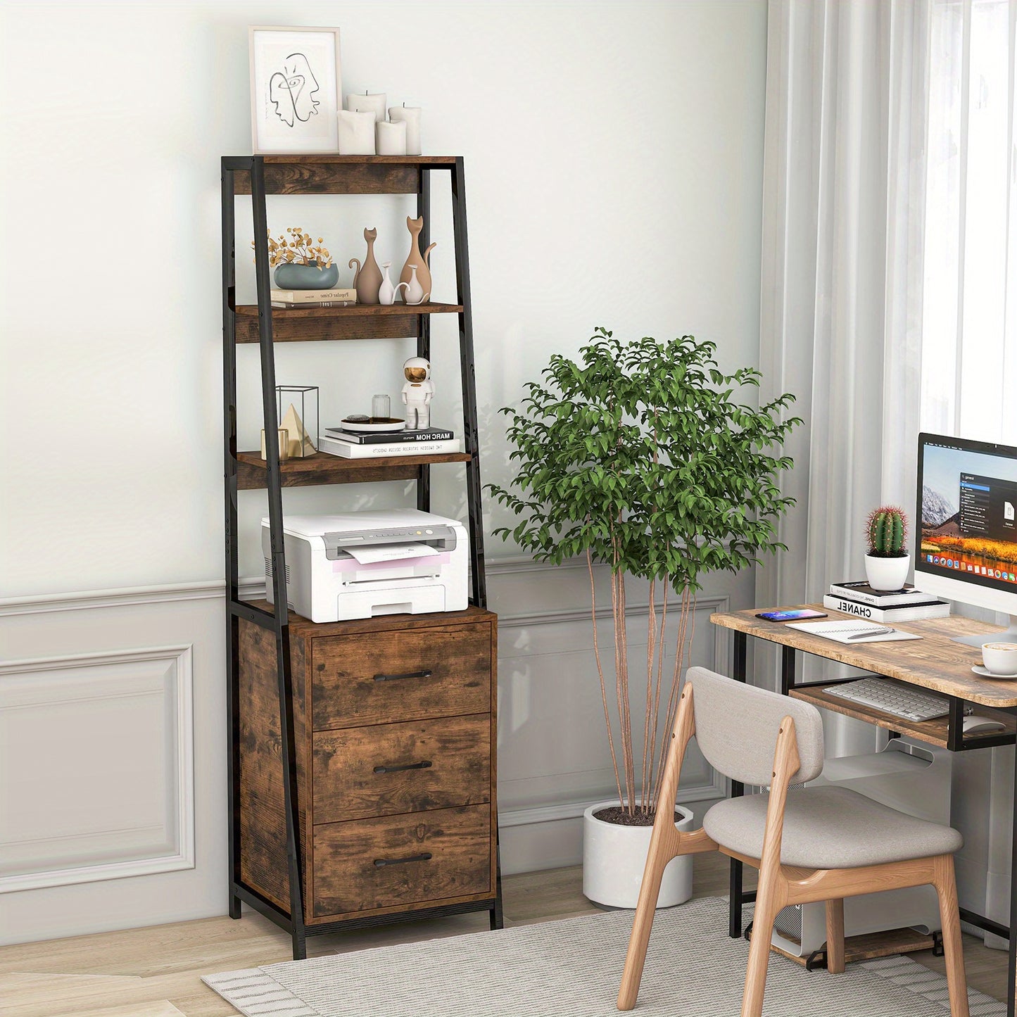 Boekenrek – Boekenkast – Ladderkast – Vakkenkast – Opbergkast – 3-Lagen Met Ladeopslag – Hout En Metaal Stevig
