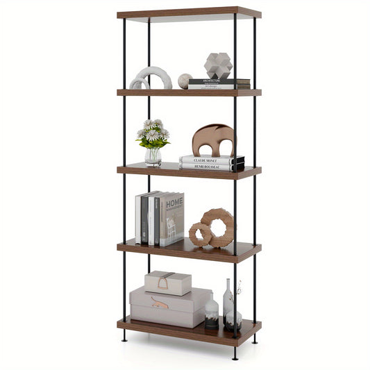 5-laags Opbergkast – Boekenkast – Displayrek – Vakkenkast – Stellingkast – Vrijstaand – Walnootafwerking – Metaal Frame – Industrieel Design – Ruimtebesparend
