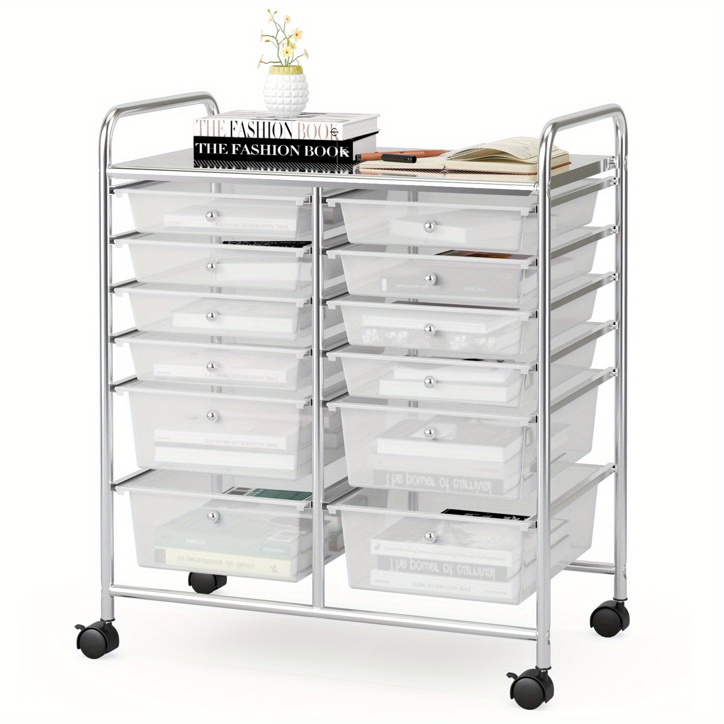 Roller trolley – Ladewagen – Opbergwagen – Rolcontainer – Opbergtrolley – 12 Laden – Metalen Frame – Werkblad – Wit