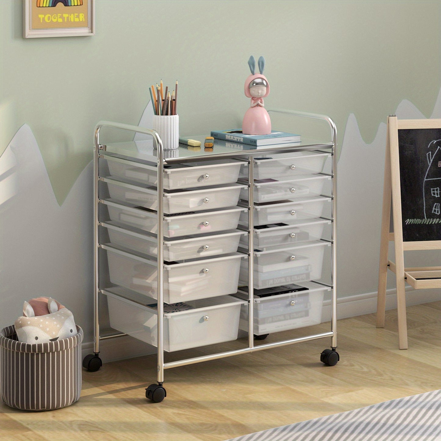 Roller trolley – Ladewagen – Opbergwagen – Rolcontainer – Opbergtrolley – 12 Laden – Metalen Frame – Werkblad – Wit
