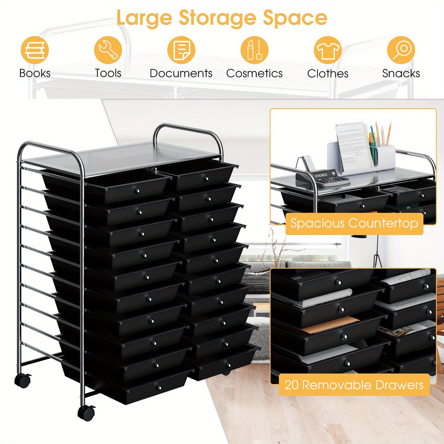 Badkamerwagen – Opbergwagen – Rolcontainer – Trolley – Opbergrek – 20 Uittrekbare Lades – Metaal Frame – Mobiel met Remmen