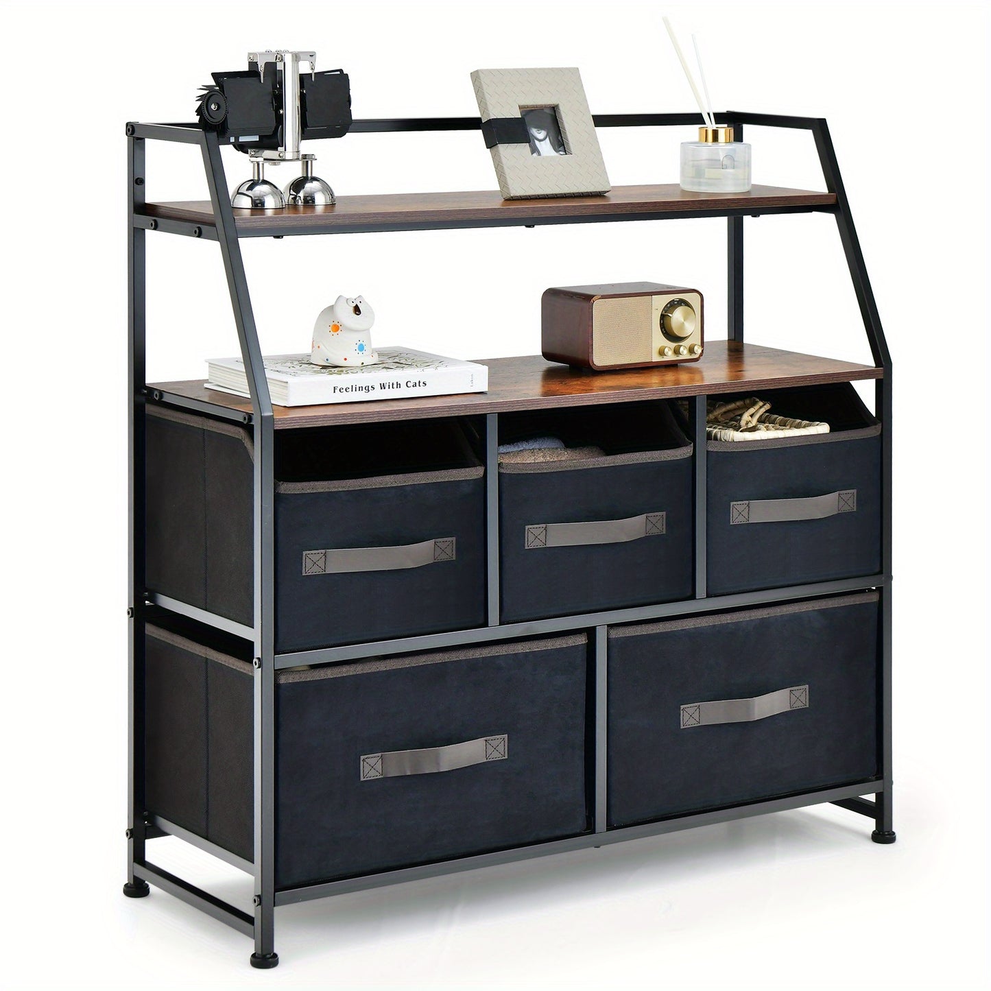 Sideboard – Opbergkast – Ladekast – Dressoir – Kast Met Lades – Zwart Metalen Frame – 4 Stoffen Lades & 2 Open Houten Planken – Compact & Verstelbare Pootjes