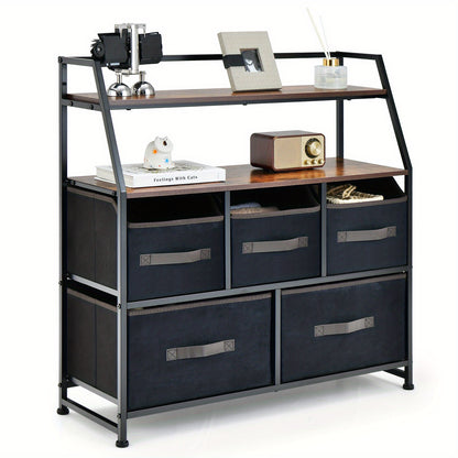 Sideboard – Opbergkast – Ladekast – Dressoir – Kast Met Lades – Zwart Metalen Frame – 4 Stoffen Lades & 2 Open Houten Planken – Compact & Verstelbare Pootjes