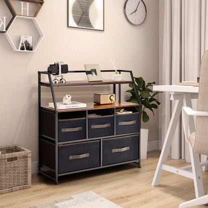 Sideboard – Opbergkast – Ladekast – Dressoir – Kast Met Lades – Zwart Metalen Frame – 4 Stoffen Lades & 2 Open Houten Planken – Compact & Verstelbare Pootjes