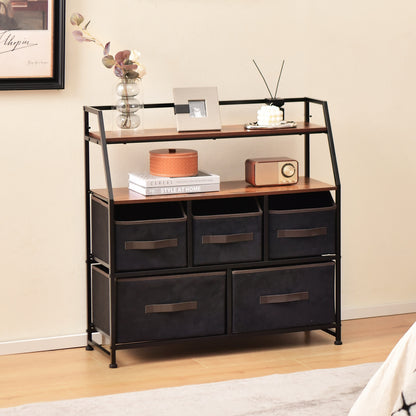 Sideboard – Opbergkast – Ladekast – Dressoir – Kast Met Lades – Zwart Metalen Frame – 4 Stoffen Lades & 2 Open Houten Planken – Compact & Verstelbare Pootjes