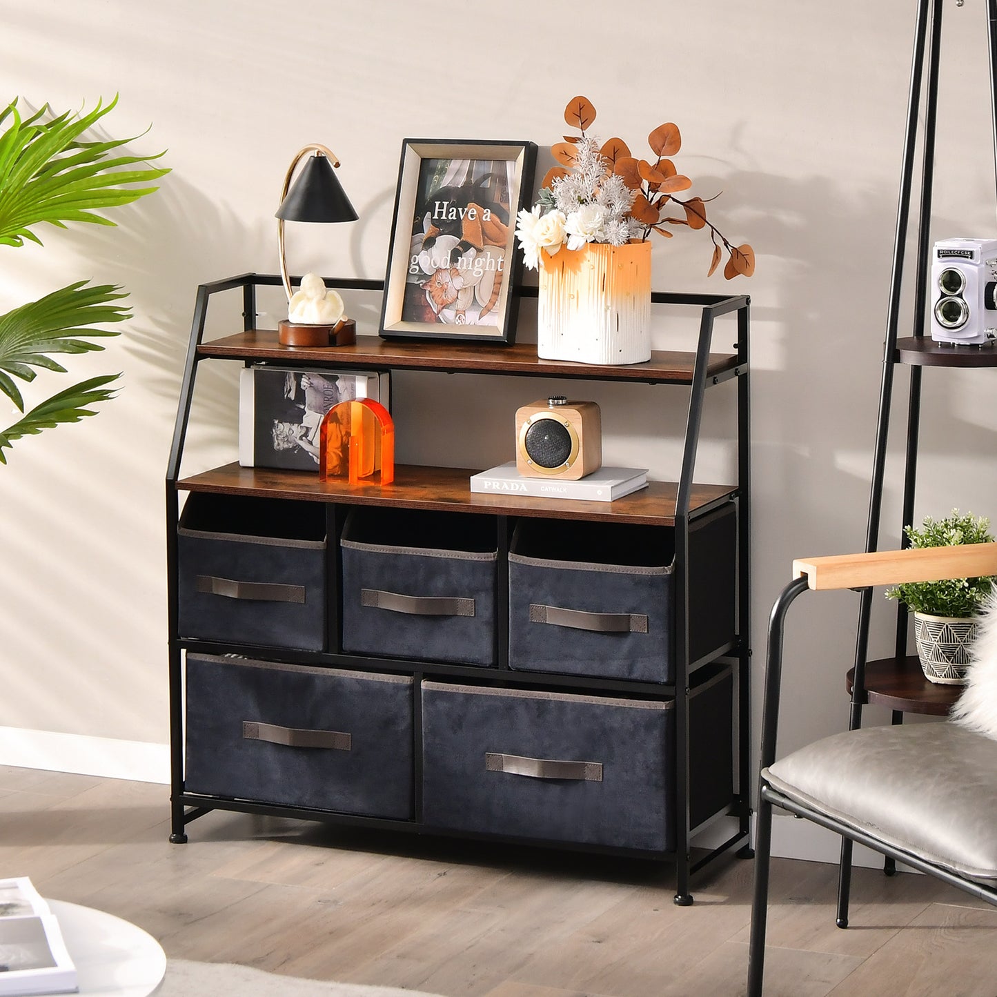 Sideboard – Opbergkast – Ladekast – Dressoir – Kast Met Lades – Zwart Metalen Frame – 4 Stoffen Lades & 2 Open Houten Planken – Compact & Verstelbare Pootjes