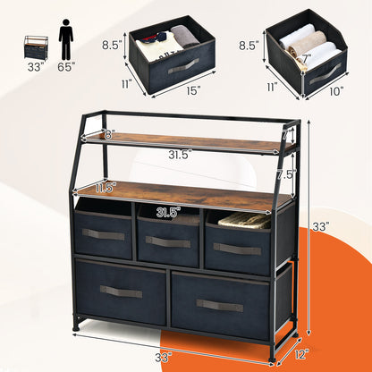 Sideboard – Opbergkast – Ladekast – Dressoir – Kast Met Lades – Zwart Metalen Frame – 4 Stoffen Lades & 2 Open Houten Planken – Compact & Verstelbare Pootjes