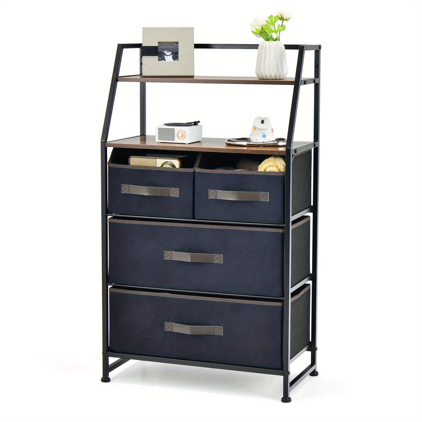 Stoffen Ladekast – Commode – Opbergkast – Dressoir – Ladenkast – Met 4 Stoffen Lades – Metalen Frame – 58x29x100 cm – Houtlook Planken