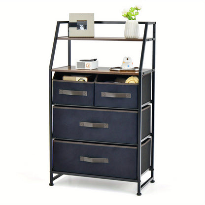Stoffen Ladekast – Commode – Opbergkast – Dressoir – Ladenkast – Met 4 Stoffen Lades – Metalen Frame – 58x29x100 cm – Houtlook Planken