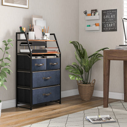 Stoffen Ladekast – Commode – Opbergkast – Dressoir – Ladenkast – Met 4 Stoffen Lades – Metalen Frame – 58x29x100 cm – Houtlook Planken