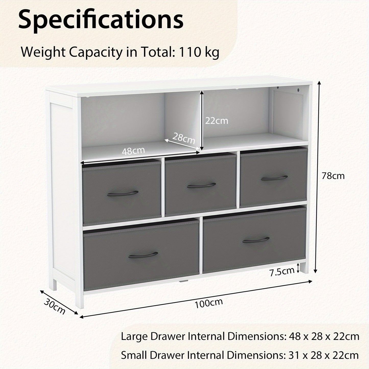 Kast Met 5 Lades – Ladekast – Opbergkast – Sideboard – Dressoir – Vouwbare Stoffen Laden – MDF Hout – Extra Open Planken – Wit