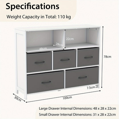 Kast Met 5 Lades – Ladekast – Opbergkast – Sideboard – Dressoir – Vouwbare Stoffen Laden – MDF Hout – Extra Open Planken – Wit