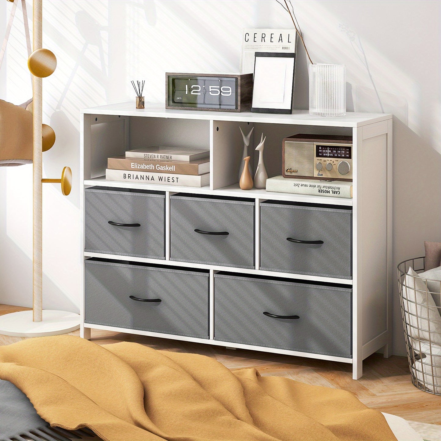 Kast Met 5 Lades – Ladekast – Opbergkast – Sideboard – Dressoir – Vouwbare Stoffen Laden – MDF Hout – Extra Open Planken – Wit
