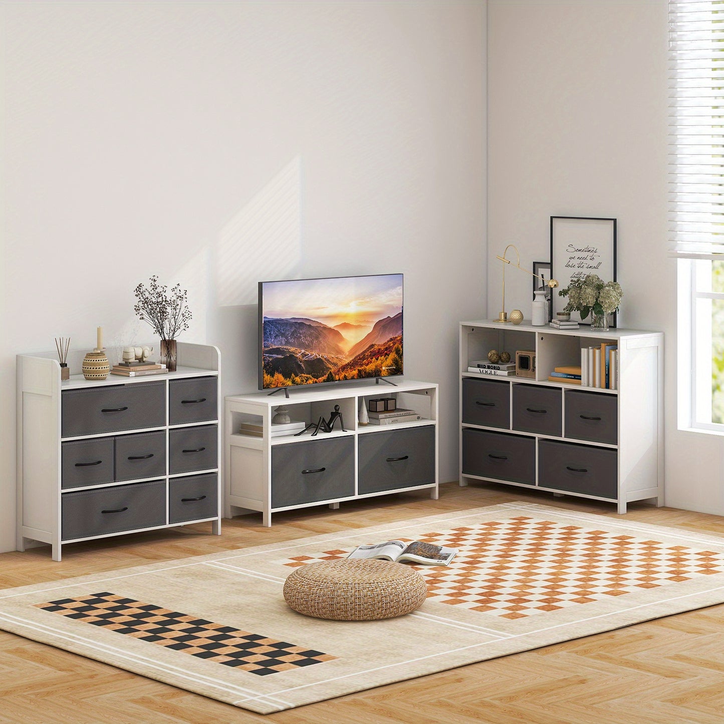 Kast Met 5 Lades – Ladekast – Opbergkast – Sideboard – Dressoir – Vouwbare Stoffen Laden – MDF Hout – Extra Open Planken – Wit