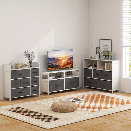 Kast Met 5 Lades – Ladekast – Opbergkast – Sideboard – Dressoir – Vouwbare Stoffen Laden – MDF Hout – Extra Open Planken – Wit