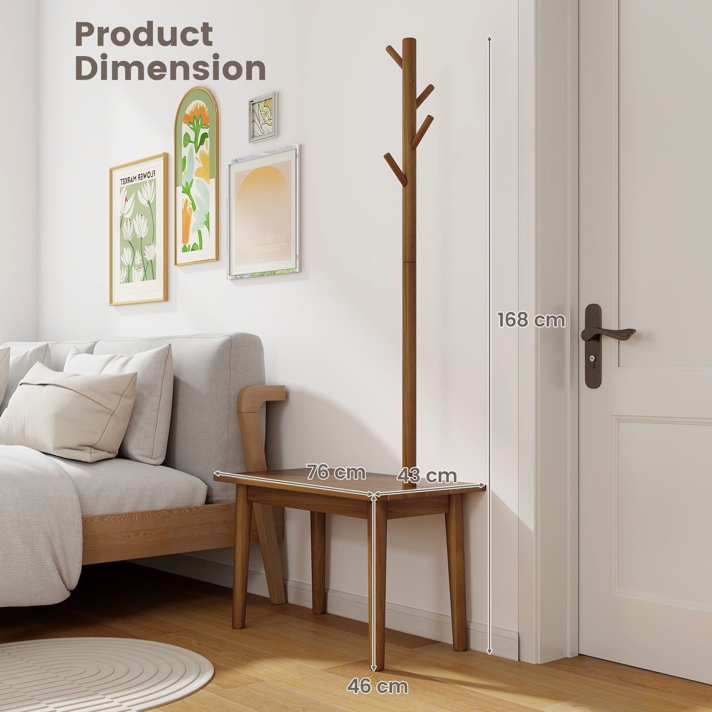 Kapstokbank – Kapstok met Bank – Garderoberek – Schoenenrek – Halmeubel – Massief Hout – Draagkracht 150 kg – Compact Design 76x43x168 cm
