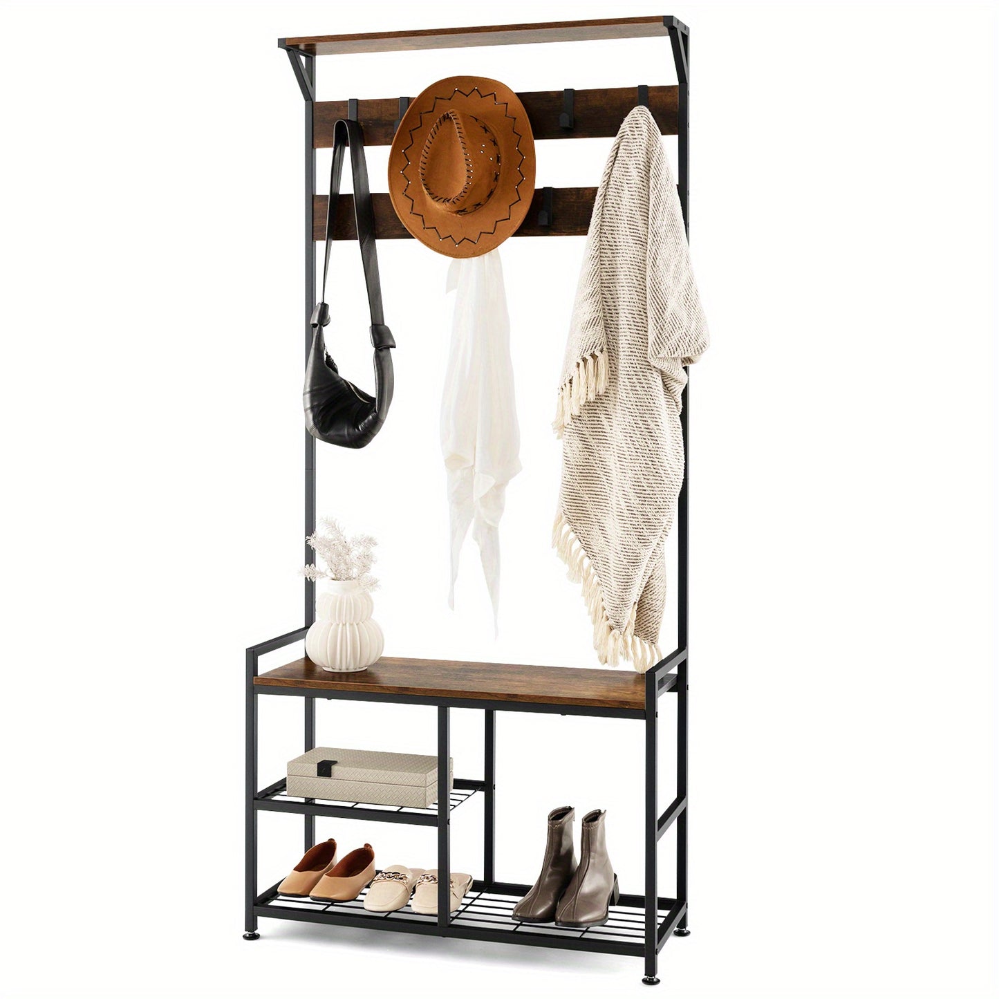 Coat Rack with 9 Hook and Shoe Rack, 3 Level Coat Rack, Hallway Wardrobe Industrial Design, Coat Rack Metal Frame for Hallway and Bedroom