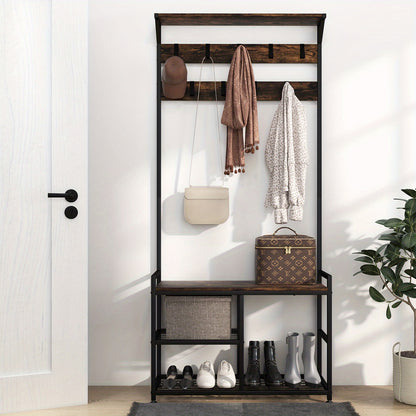 Coat Rack with 9 Hook and Shoe Rack, 3 Level Coat Rack, Hallway Wardrobe Industrial Design, Coat Rack Metal Frame for Hallway and Bedroom