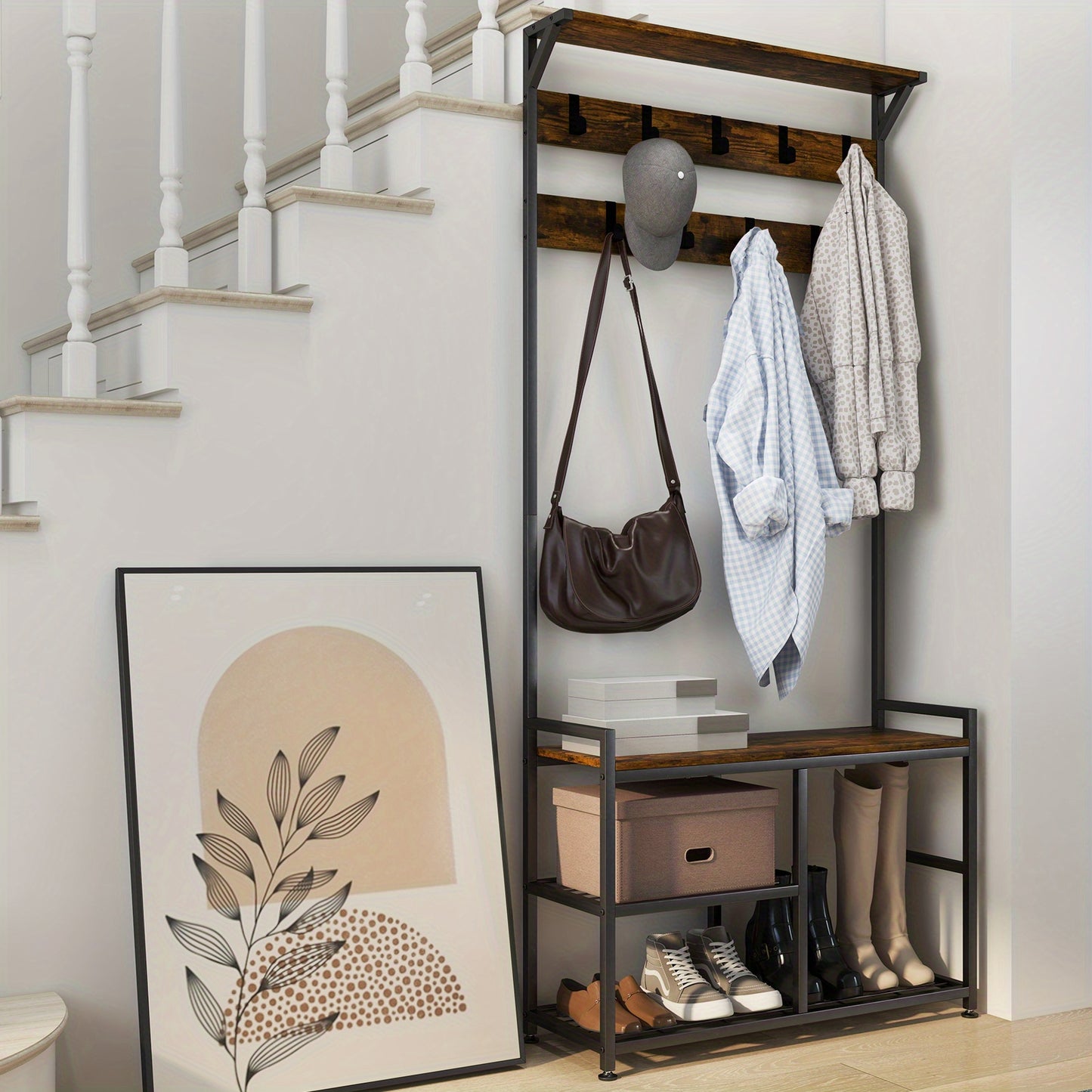 Coat Rack with 9 Hook and Shoe Rack, 3 Level Coat Rack, Hallway Wardrobe Industrial Design, Coat Rack Metal Frame for Hallway and Bedroom