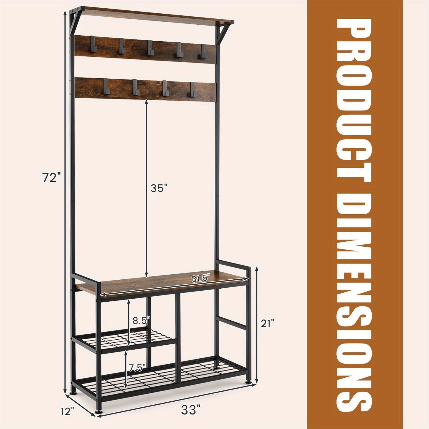 Coat Rack with 9 Hook and Shoe Rack, 3 Level Coat Rack, Hallway Wardrobe Industrial Design, Coat Rack Metal Frame for Hallway and Bedroom