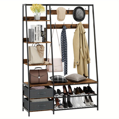 Kapstok – Garderoberek – Staande Kapstok – Wandkapstok – Kapstokhaak – 9 Dubbele Haken & Bankje – Industrieel Design 122x40x180 cm – Hout & Staal