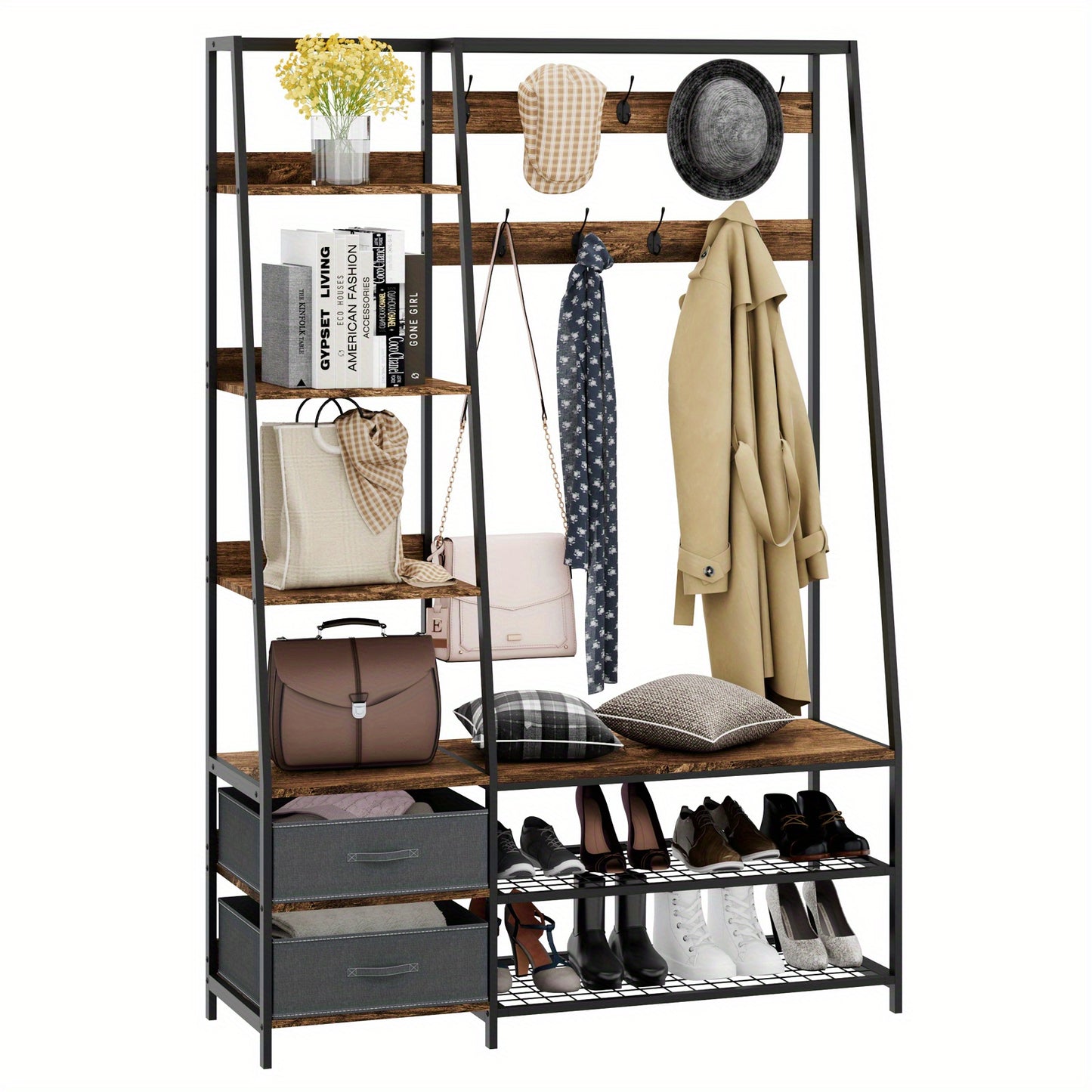 Kapstok – Garderoberek – Staande Kapstok – Wandkapstok – Kapstokhaak – 9 Dubbele Haken & Bankje – Industrieel Design 122x40x180 cm – Hout & Staal