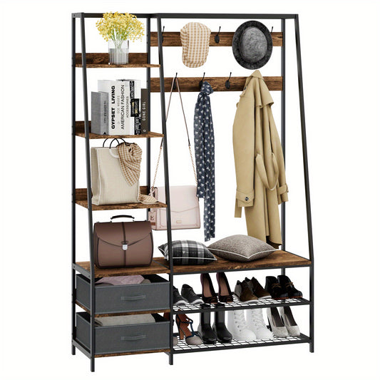 Kapstok – Garderoberek – Staande Kapstok – Wandkapstok – Kapstokhaak – 9 Dubbele Haken & Bankje – Industrieel Design 122x40x180 cm – Hout & Staal