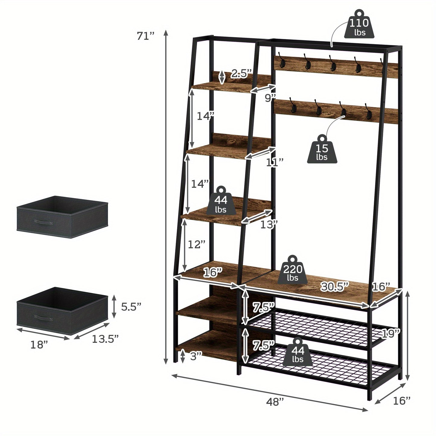 Kapstok – Garderoberek – Staande Kapstok – Wandkapstok – Kapstokhaak – 9 Dubbele Haken & Bankje – Industrieel Design 122x40x180 cm – Hout & Staal