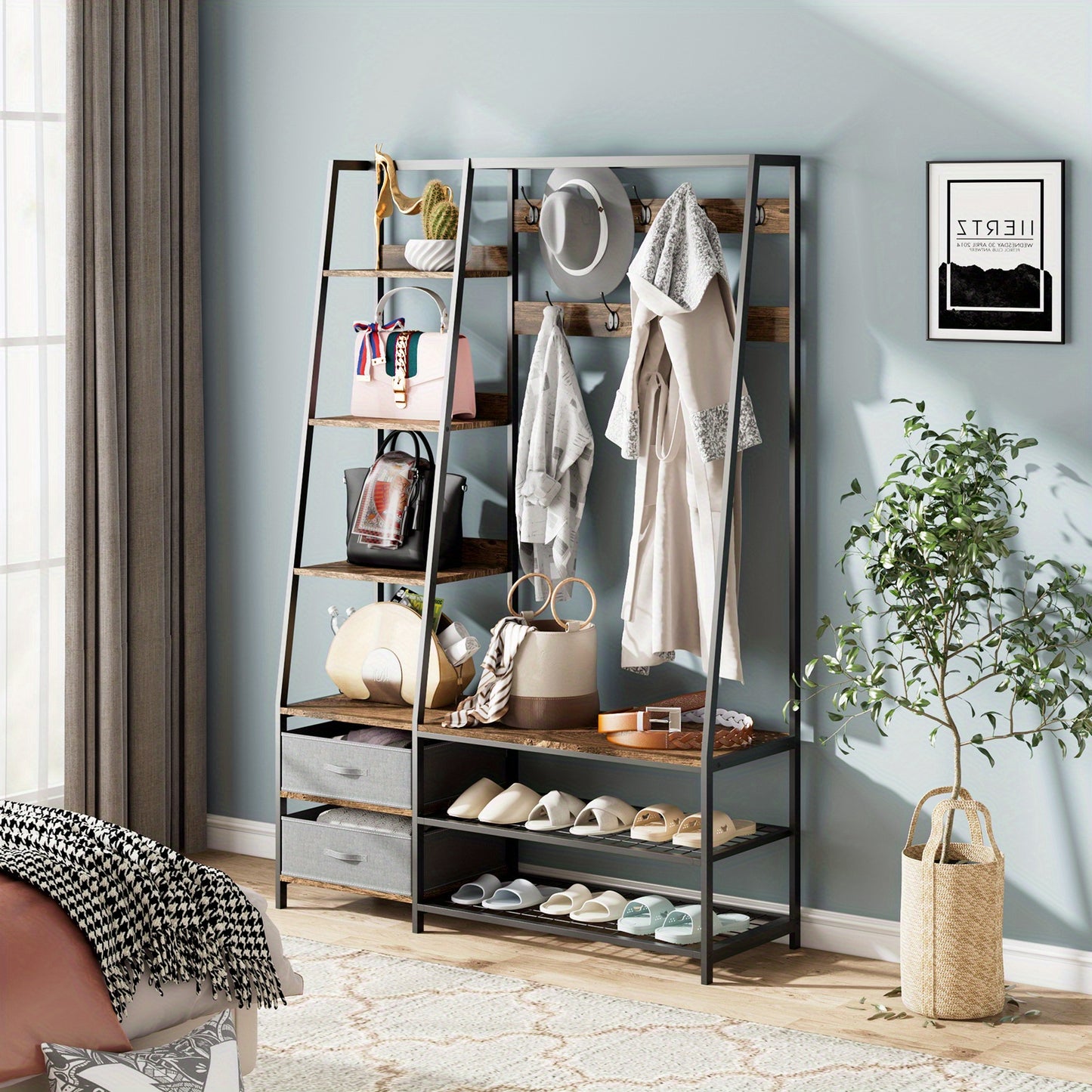 Kapstok – Garderoberek – Staande Kapstok – Wandkapstok – Kapstokhaak – 9 Dubbele Haken & Bankje – Industrieel Design 122x40x180 cm – Hout & Staal