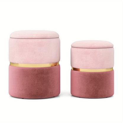 Poef – Zitzak – Hocker – Ottomaanse – Voetenbank – Set van 2 – Roze Velvet – Met Opbergruimte 32L & 21L